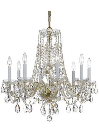 Traditional Crystal 8 Light Chandelier in Polished Brass.